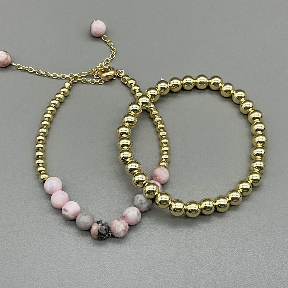 Bracelet Set Of 2 Gold Tone Pink Gemstone Beaded Stretch Womens 6.5 In Jewelry